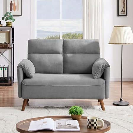 MQLIFEBOOM 50" Small Loveseat Sofa Mid Century Modern Linen Love Seat with Back Cushions and Wood Legs 2-Seater Small Couch Sofa for Lving Room Bedroom and Small Space Dark Grey