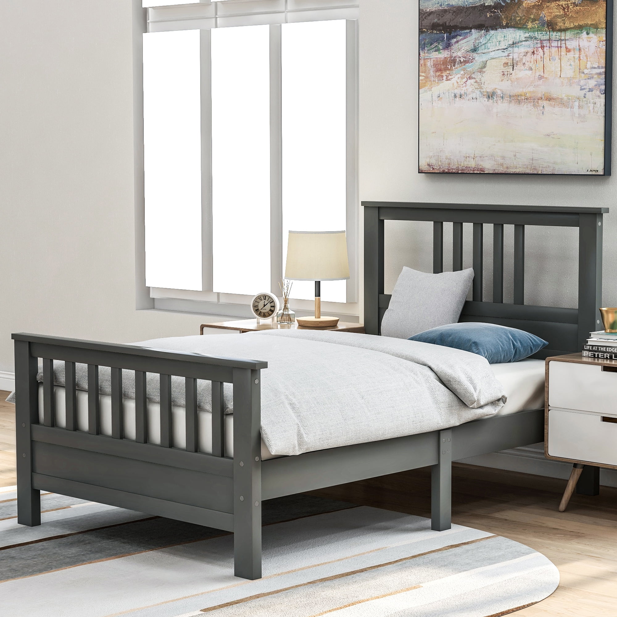 Details about   Twin/Full/Queen Wooden Bed Frame Mattress Platform Wood Slats Support Gray 