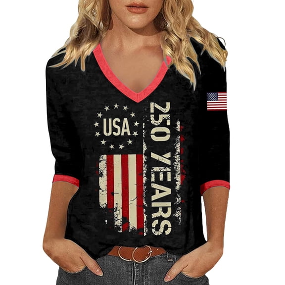 WERYOUNG Patriotic Graphic T Shirt For Women V Neck 3/4 Sleeve Tee 250th Anniversary Celebration T-Shirts Stylish Top L