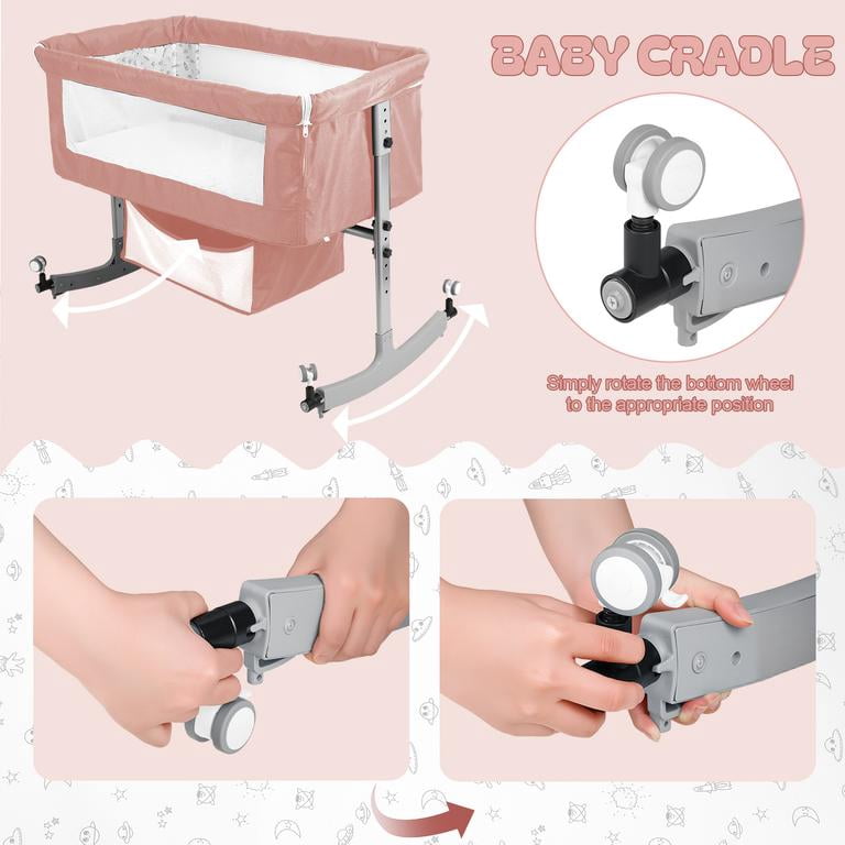 Dapmiu 4-in-1 Convertible Baby Crib, Bedside Sleeper with Changing Table, 6-Level Height Adjustable, Rocking Crib, Silent Wheels, Storage Basket, Mosquito Net, for Newborn to 24 Months,Ash Gray