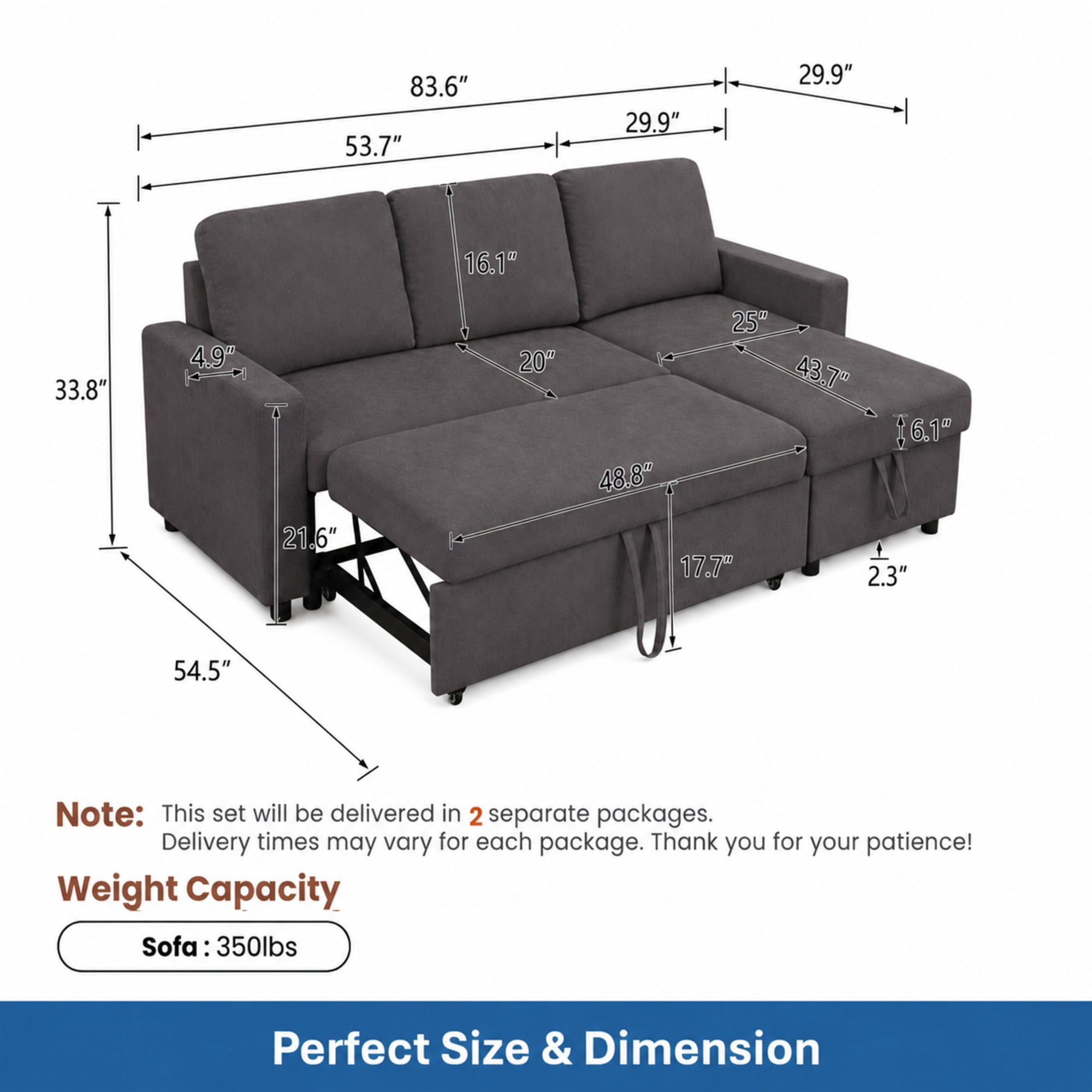 TiramisuBest L-Shaped Convertible Sofa Bed with Reversible & Storage Chaise,84"W Fluffy Flannel Sectional Sleeper for Living Room,Dark Brown