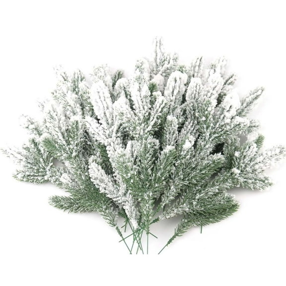 White Artificial Snow-Covered Pine Branches | 5-Fork Faux Cedar Needle Stems | 11.3 Inch Christmas Decorations | Set of 2 Plastic Holiday Flocked Greenery