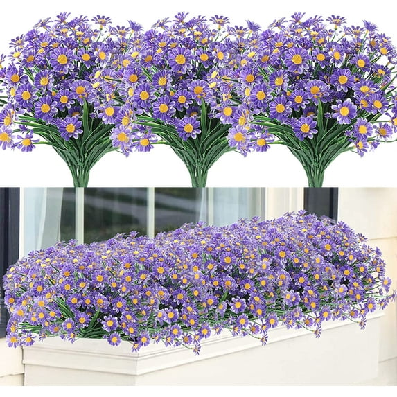 Babibeauty 12 Bundles Artificial Daisy Flowers Outdoor Fake Flowers for Decoration No Fade Faux Plastic Flower Garden Porch Window Box Décor (Purple)