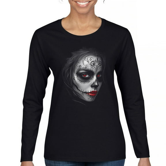 Sugar Skull Portrait Women's Long Sleeve T-shirt Gothic Beauty Red Lips Day of the Dead Dia de Los Muertos Mexican Calavera
