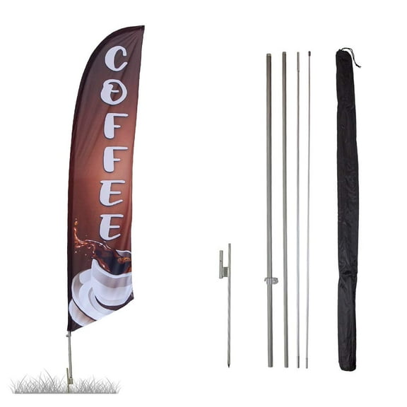 Coffee Feather Flag Kit - 13.5ft Knitted Polyester Swooper Flag with Pole Set and Ground Spike - Printed in the USA