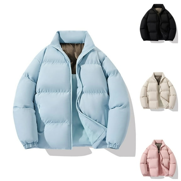 Dwelliawo Men's Puffer Jacket Fleece Lined Fashion Jackets Stand Collar Casual Oversized Jacket Warm Thick Cotton Long Sleeve Solid Tops with Pockets Clearance Light Blue M