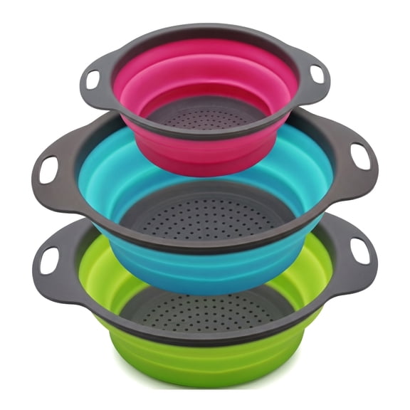 Collapsible Colander Set of 3 Round Silicone Kitchen Strainer Set - 2 pcs 4 Quart and 1 pcs 2 Quart- Perfect for Draining Pasta, Vegetable and fruit (green,blue, purple)