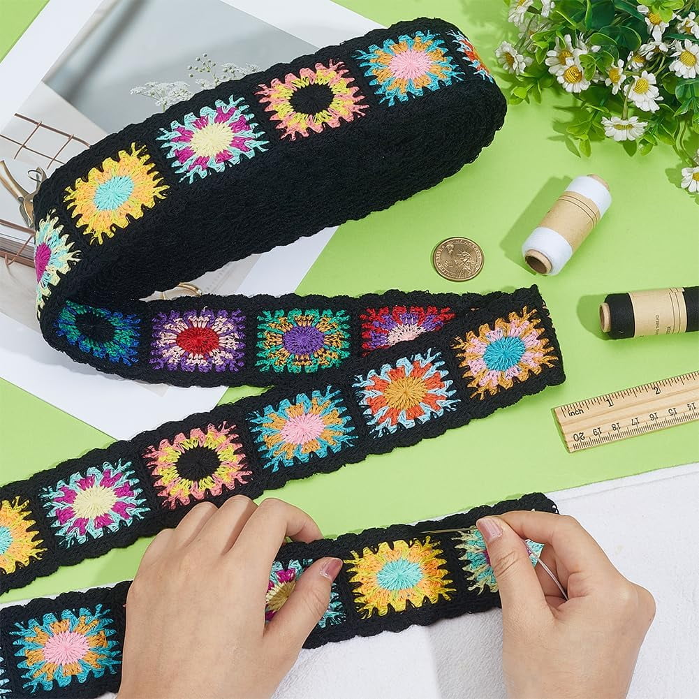10 Yards Crochet Flower Webbing Strap 2 Inch Black Ethnic Style Webbing Ribbon Polyester Flower Pattern Woven Trim Jacquard Embroidery Webb Straps