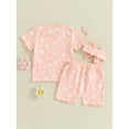 thumbnail image 4 of Suealasg Kids Toddler Girl 3Pcs Summer Outfits Flower Print Short Sleeve T-shirt Elastic Waist Shorts with Hairband 6M 1T 2T 3T Baby Girl Clothes, 4 of 9