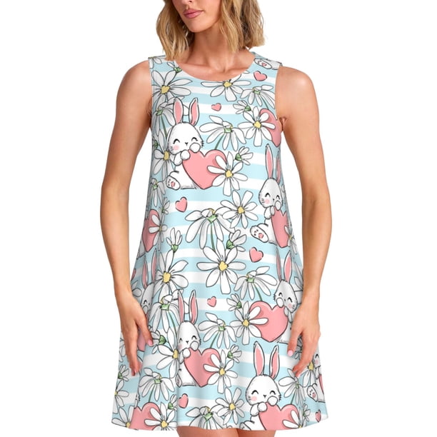 Balery Cute Rabbit And Heart Vestidos de verano para mujer con estampado: vestido holgado sin mangas, vestido playero informal y cómodo para días calurosos.