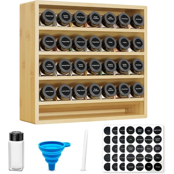 4 Tier Spice Rack Organizer for Cabinet with 28 Plastic Spice Jars, Freestanding Bamboo Seasoning Rack for Countertop, Cupboard, Pantry, Kitchen, 13.18 x 4.13 x 12.2 inches