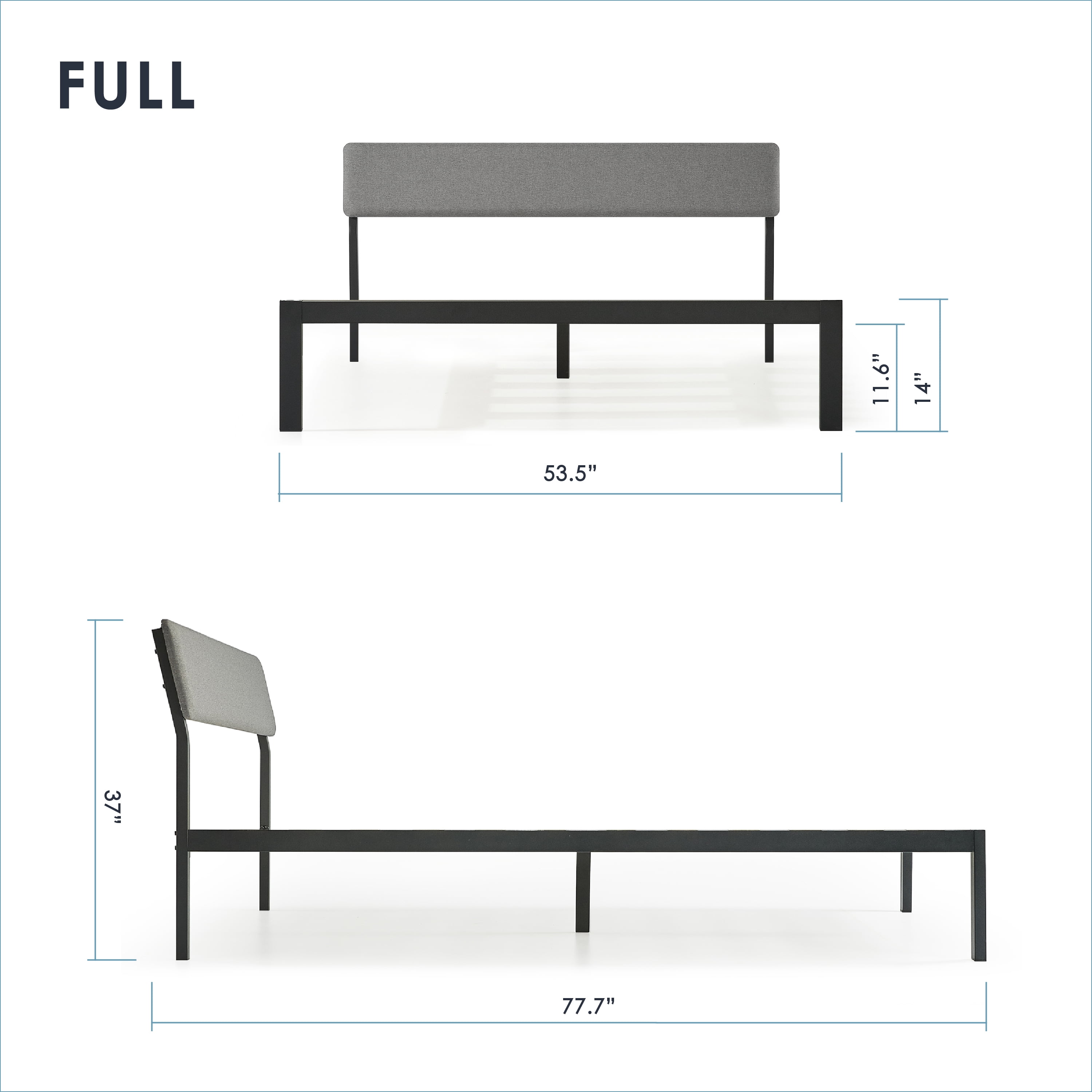 Mellow Kera Metal Platform Bed with Angled Upholstered Headboard, Solid Wooden Slats, Classic Gray, Full