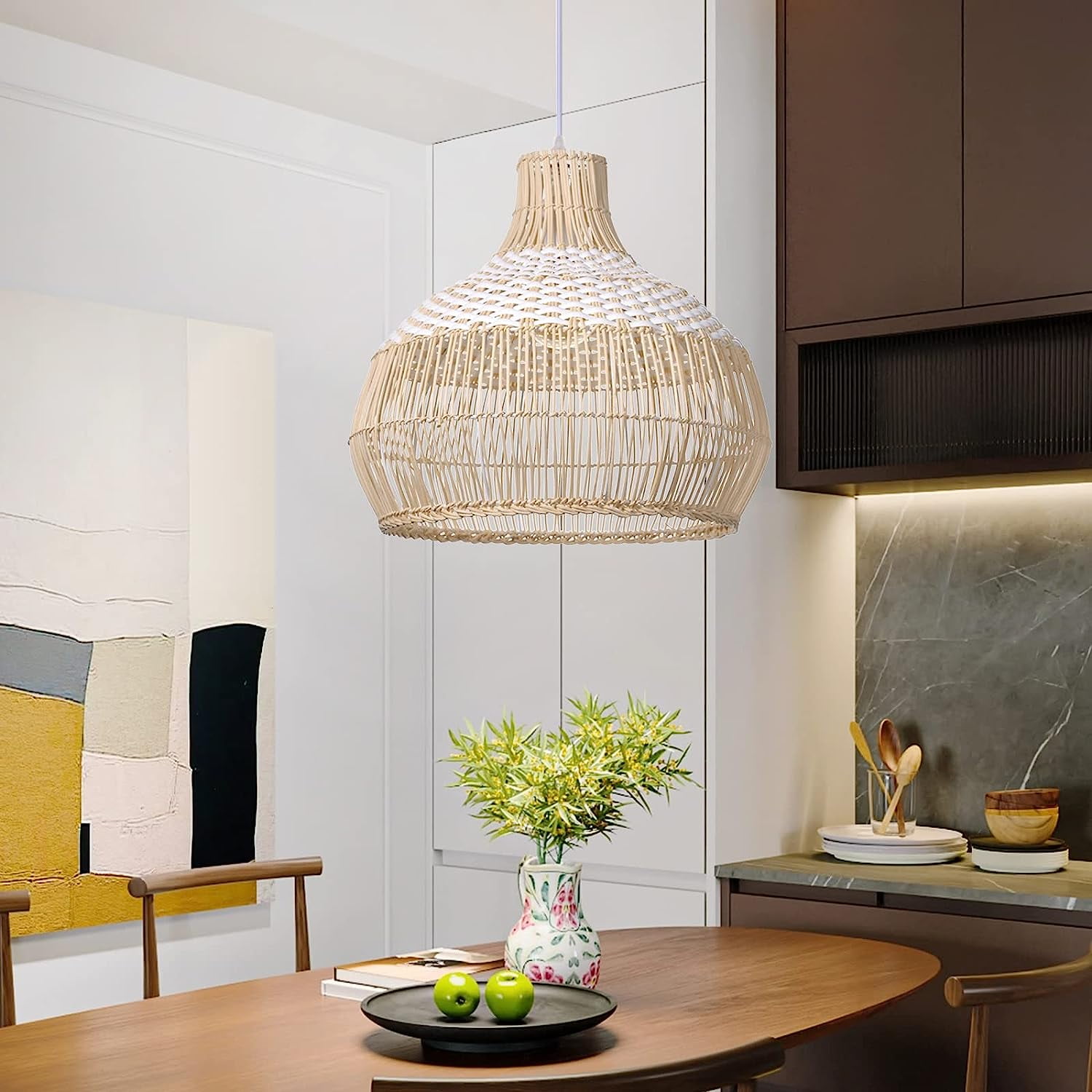 Arturesthome White Rattan Pendant Light, Wicker Hanging Ceiling Light Chandelier, Handmade Woven Lampshade for Kitchen Island
