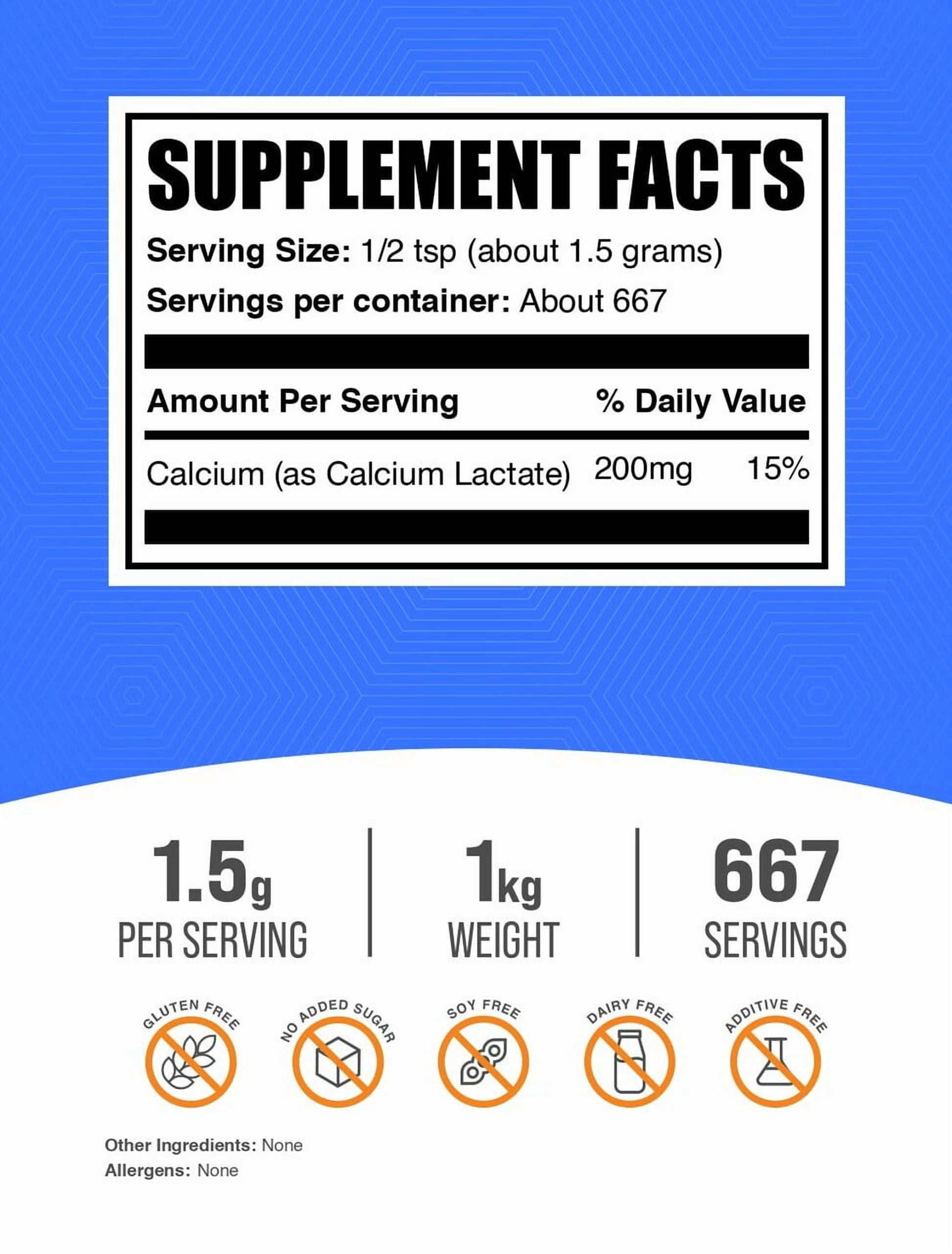 BulkSupplements Calcium Lactate Powder - 1.5g per Serving - 1 Kilogram (2.2 lbs) - 667 Servings