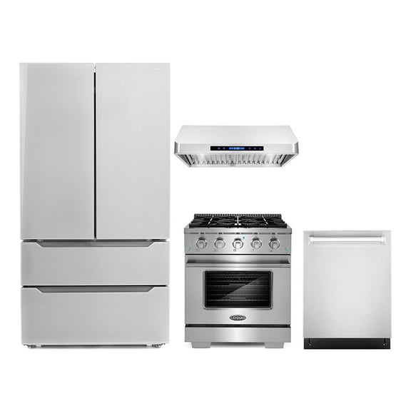 Cosmo 4 Piece Kitchen Appliance Packages with 30" Freestanding Gas Range 30" Under Cabinet Range Hood 24" Built-in Integrated Dishwasher & French Door Refrigerator Kitchen Appliance Bundles
