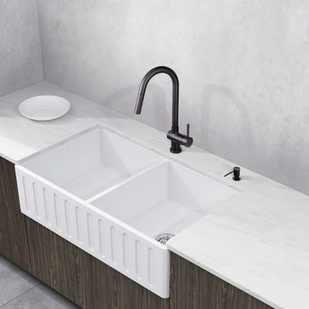 Vigo 33 Matte Stone Double Bowl Farmhouse Sink Set With Gramercy Matte Black Faucet