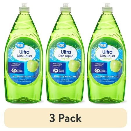 (3 pack) Great Value Antibacterial Hand Soap Ultra Dish Liquid, Crisp Apple, 40 fl oz