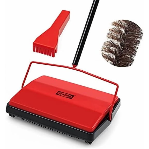 Carpet Floor Sweeper Manual with Horsehair, Non Electric Quite Rug Roller Brush Push for Cleaning Pet Hair, Loose Debris, Lint (Red)$$Household Cleaning Products & Supplies