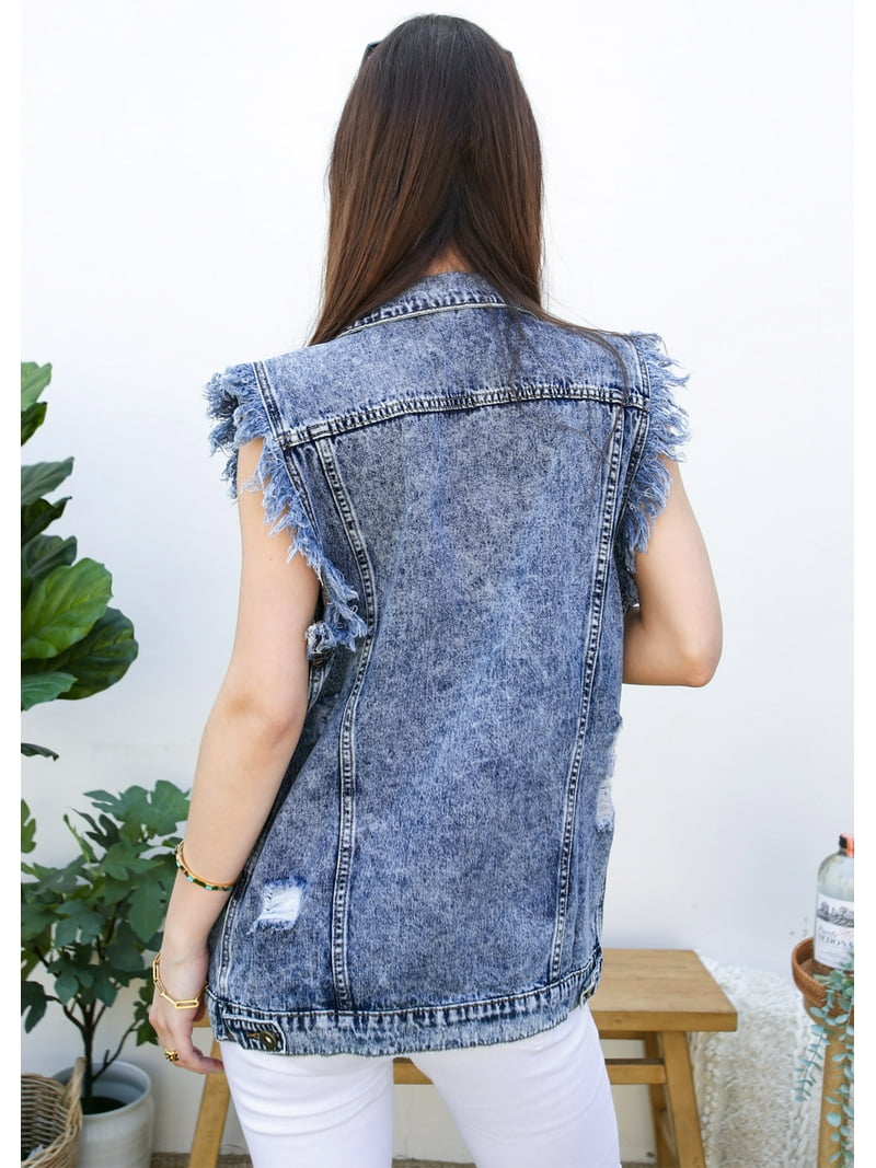 Oversized No Sleeve Jean Jacket Womens Oversized Distressed