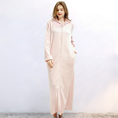 

2022 warm pajamas for women Fall/winter Zipper Bathrobe Hooded Nightgown Padded Pajamas Flannel Ladies Long Nightgown Pink L
