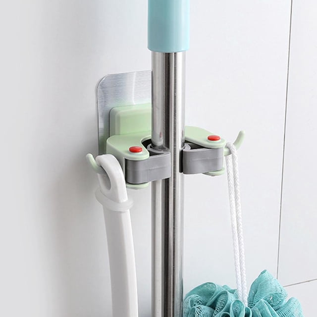 Organizador de escobas, estante adhesivo para almacenamiento de escobas y fregonas de pared para cocina (verde)