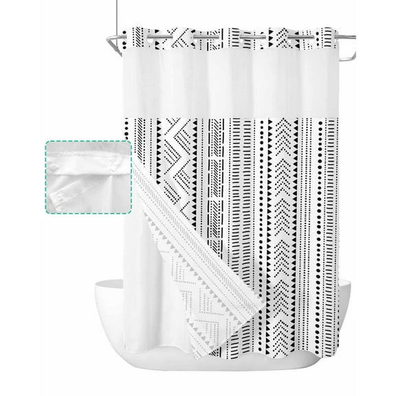 No Hook Shower Curtain with Snap in Liner, Boho Black Polk Dot Geometric Striped Farmhouse Style Hotel Shower Curtains for Bathroom, Washable Shower Curtain Liner Set with Mesh Top Window, 60"x72"