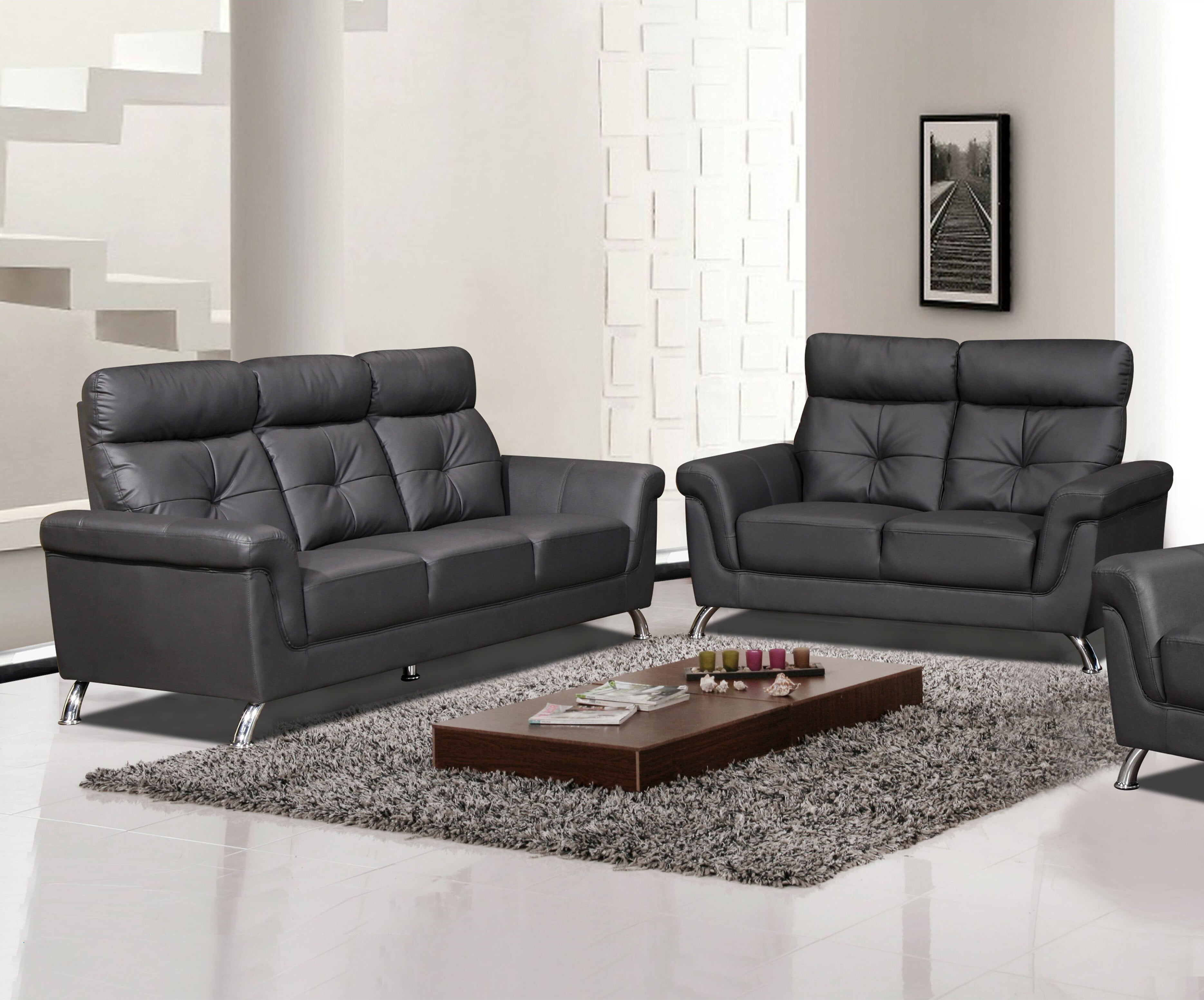 Beautiful Simple Classic Black Tufted Bonded leather Sofa