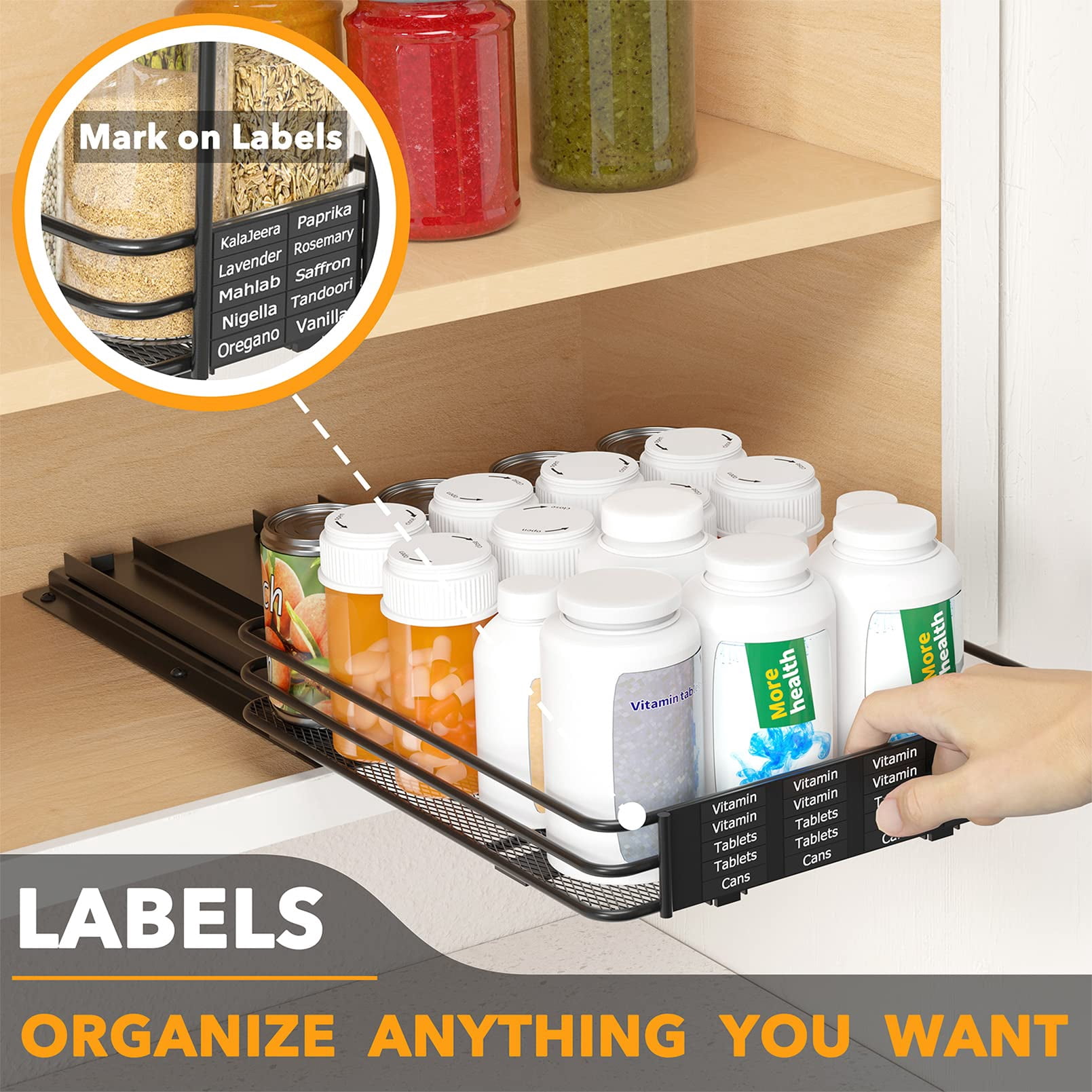 Pull Out Spice Rack Organizer For Cabinet  Heavy Duty Slide Seasoning Kitchen With Labels And Chalk Marker 8.5" W X10.75 D X2.5 H 1 Drawer 1-tier