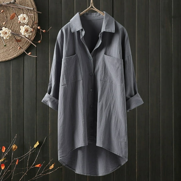 ICHUANYI Womens Button Down Solid Shirts High-low Hem Lapel Long Sleeve Blouses V Neck Casual Loose Tops with Pockets
