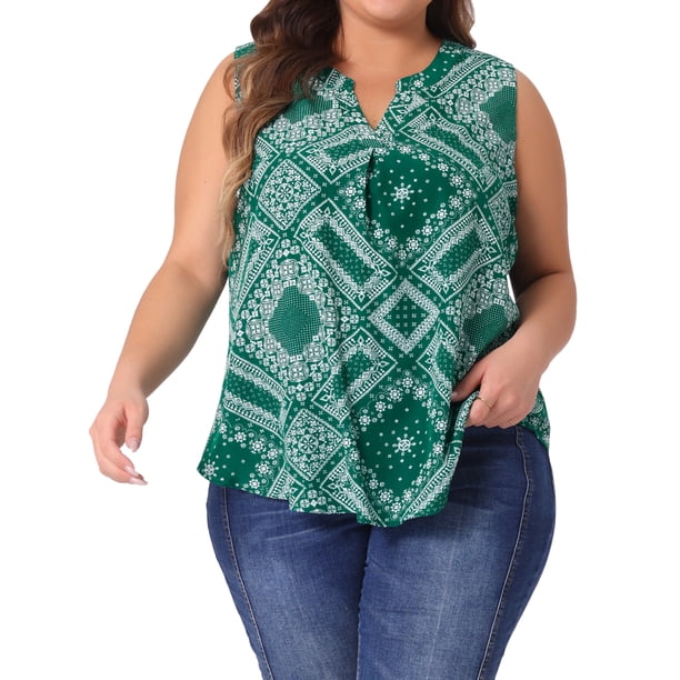 Blusa sin mangas de talla grande para mujeres, blusa tipo túnica con estampado floral y escote en V, talla 4X, verde