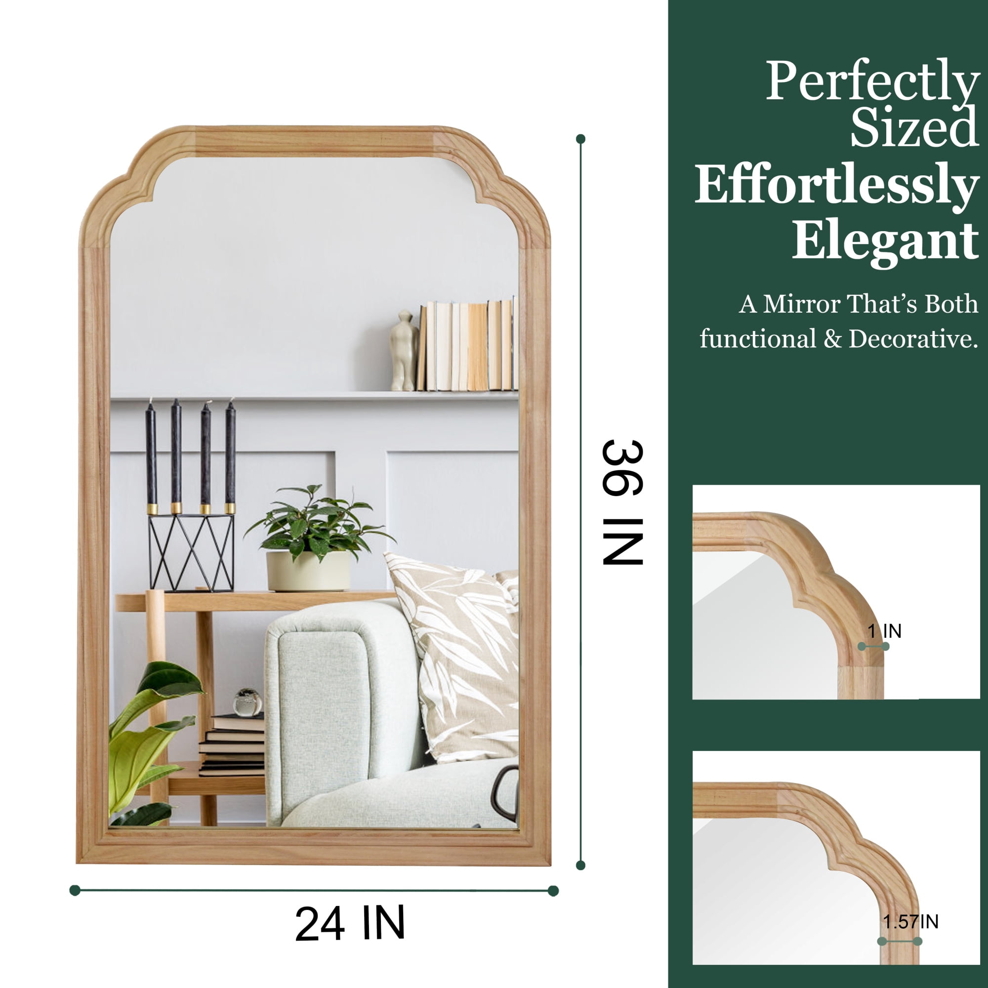 Leumius 24"x 36" Rounded Corner Mirror, Solid Wood Frame Decorative Mirror for Bedroom Bathroom Living Room Entryway Natural