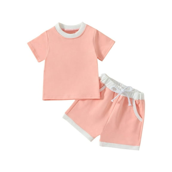 Odeerbi Toddler Boys Girls 2 Piece Outfits Cotton T-shirt Shorts Set Summer Clothes Fashion Casual Short Sleeve Turndown Collar Botton Tops Solid Color Short Pants Sets Pink
