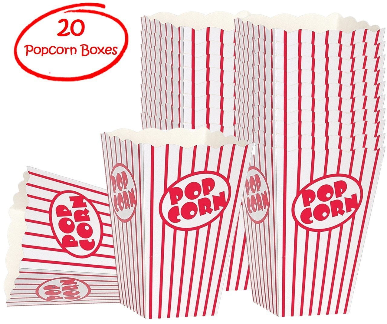 Striped White and Red Popcorn Boxes (20 Count)