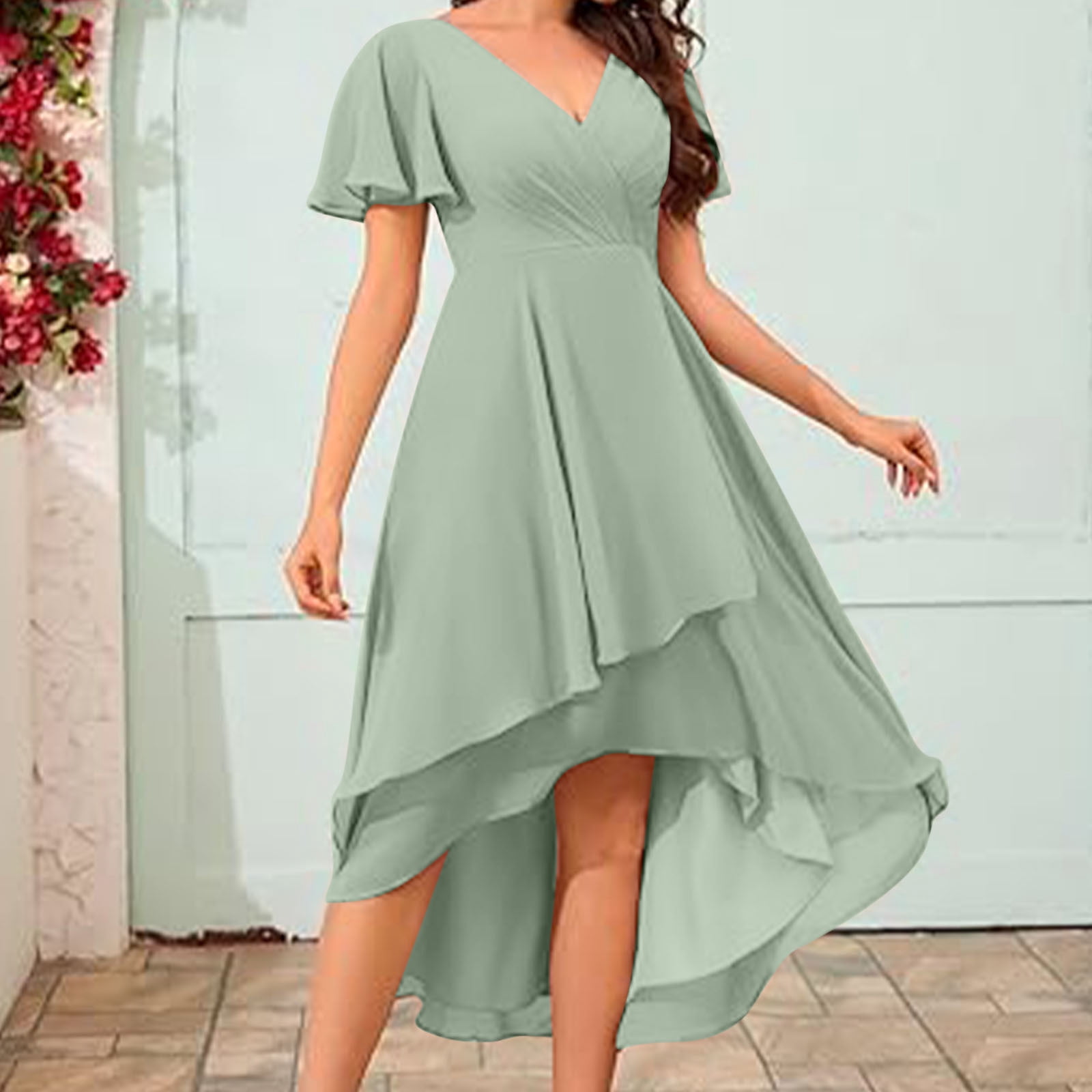 gljltg Women's Solid Color Ruffle Sleeves Pleated V-neck A-line Mid Length Short Sleeve Dress for Women, Girl, Spring, Summer, Suitable for Casual, Daily, Birthday, Dating, Dance