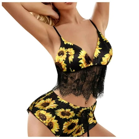 

Qcmgmg Women Lace Sunflower Two Piece Pajamas Set Eyelash Bra Shorts Set Loungewear M