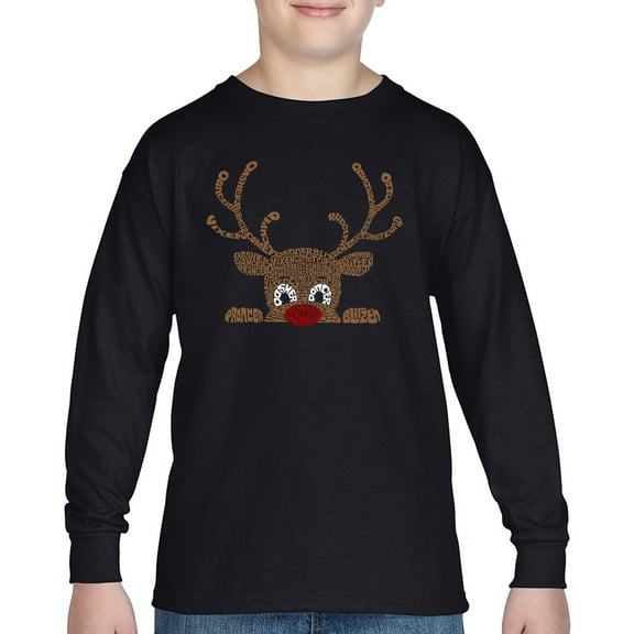Peeking Reindeer - Boy's Word Art Long Sleeve T-Shirt