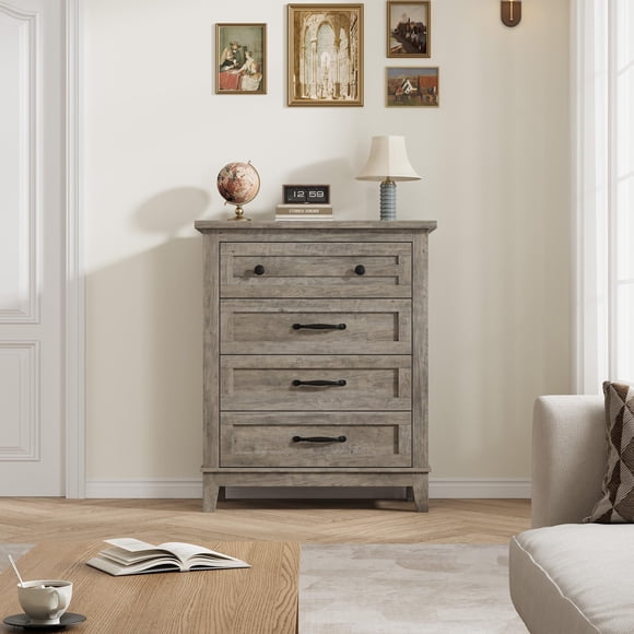 29.1 inch Low Dresser 4 Drawer Solid Wood, Compact Storage Chest with Easy Grip Handles, Space Saving Organizer for Bedroom Living Room Entryway, Log/Retro Gray/Black/Brown