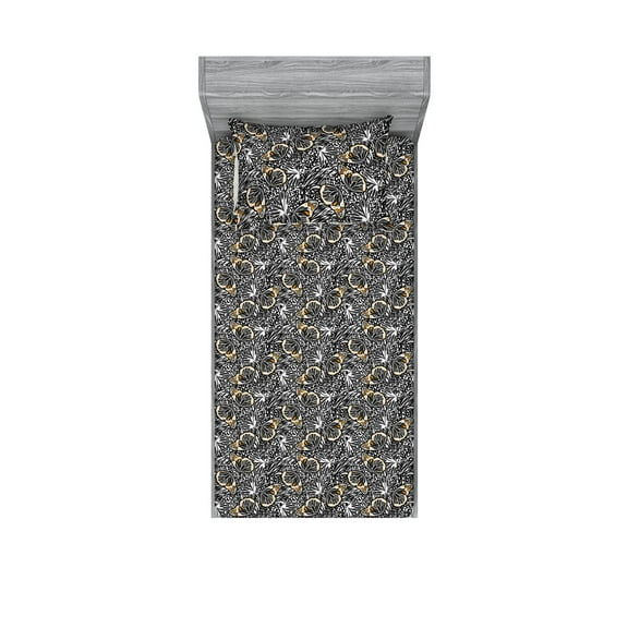 Butterfly Fitted Sheet & Pillow Sham Set, Forest Wings on Spotted Animal Skin Like Ornaments Tropical Leaves, Decorative Printed 2 Piece Bedding Decor, Twin, Marigold Black and White, by Ambesonne