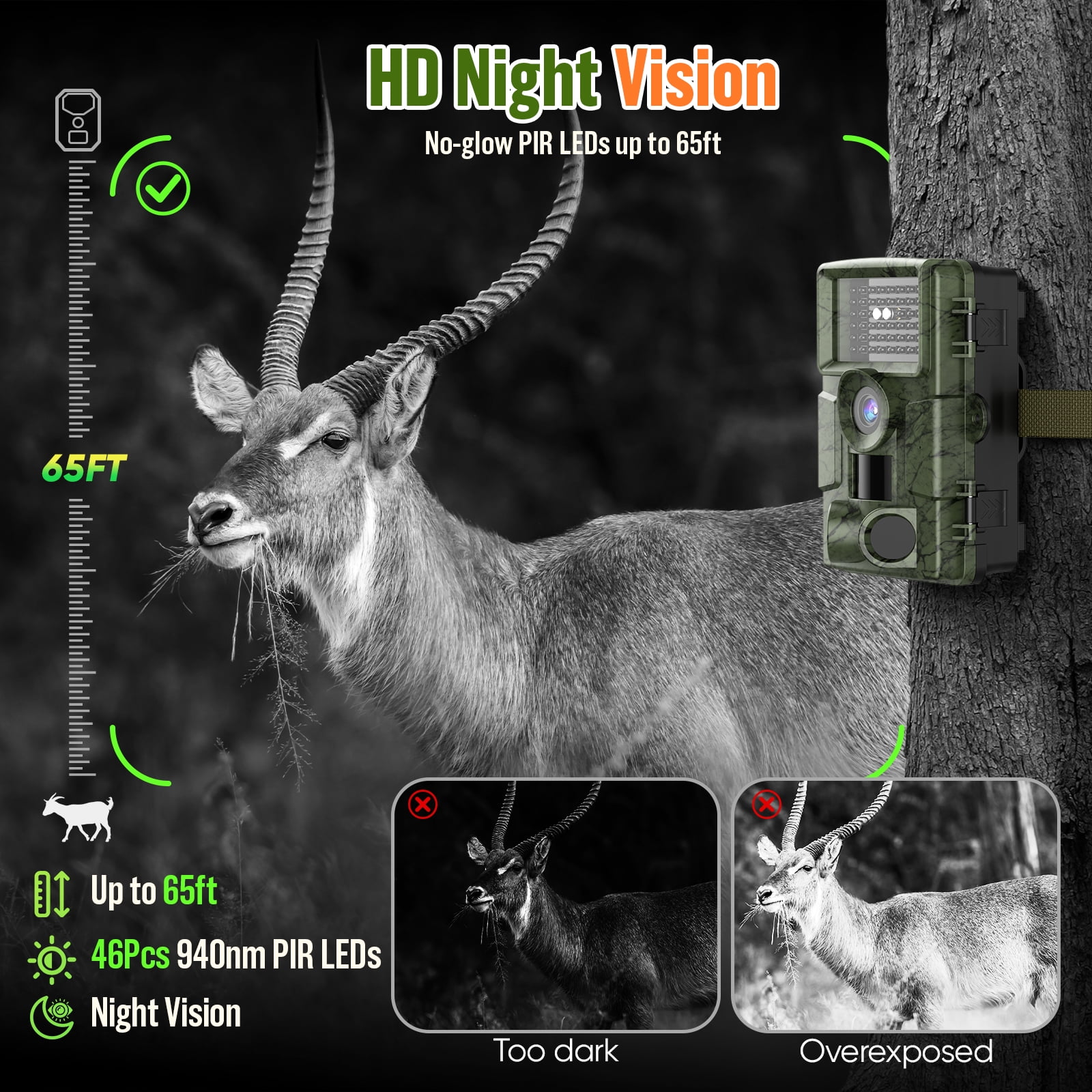 BEBANG WiFi Trail Camera with 64GB SD Card, 60MP 4K Hunting Camera, 120° Wide-Angle Night Vision Game Camera for Deer Scouting, 24/7 Wildlife Monitoring & Home Security