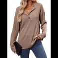 thumbnail image 3 of Suéter Tipo Túnica Informal de Larga con Cuello en V para Mujer, Estilo Henley, para Otoño, A , para el Trabajo Caqui S, 3 of 9