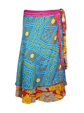 Mogul Womens Magic Wraparound Skirt 2 Layer Printed Reversible Beachwear Resort Wear Cover Up Vintage Sarong Dress