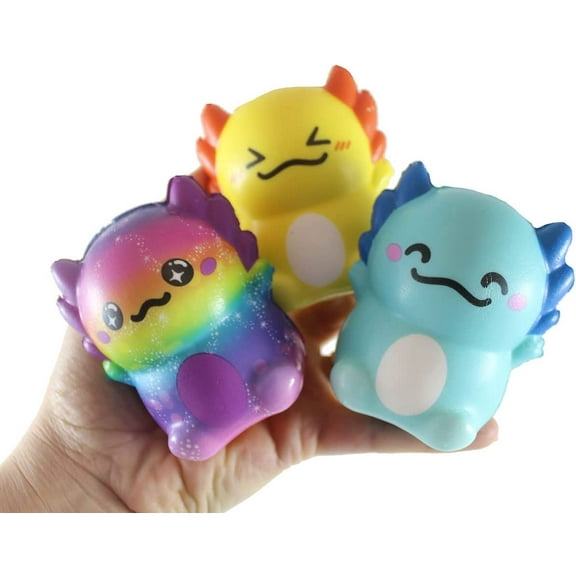 3 SMALL 3.25" Axolotl Slow Rise Squishy Toys - Memory Foam Party Favors, Fidgets, Prizes, OT (RANDOM COLORS)