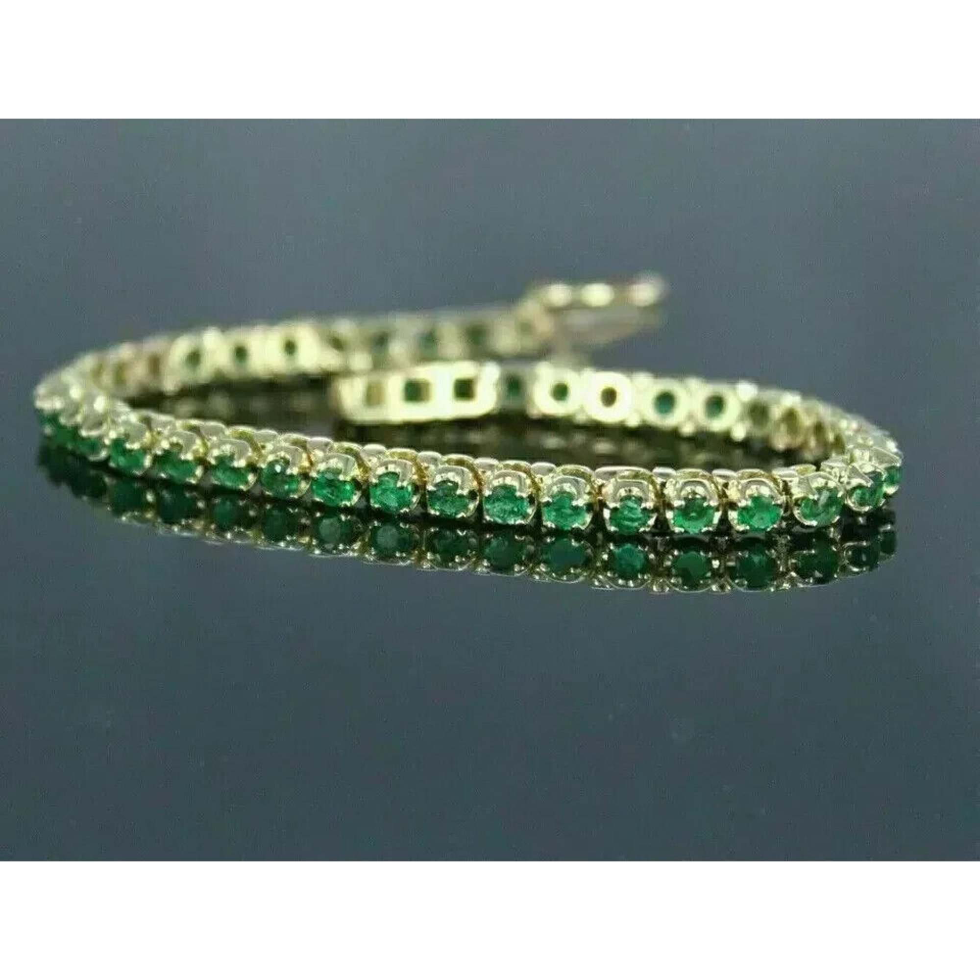 4MM Round Cut Lab-Created Green Emerald Tennis Bracelet 14K Yellow Gold Plated Silver