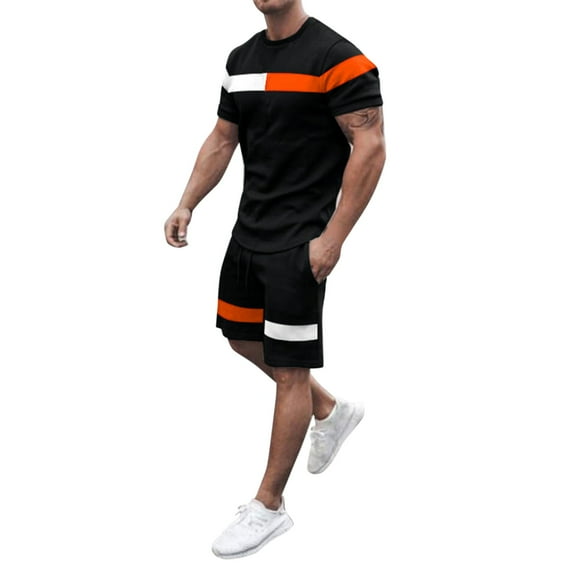 FAOWME Men's Summer Two-Piece Outfits Short Sleeve Round Neck Color Block T Shirt And Shorts Comfortable Fashion Set For Casual Daily Wear,S,Black