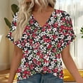 thumbnail image 2 of AOOCHASLIY Women's T-Shirts Tunic Tops Short Sleeve Floral Graphic Eyelet Crossed Blouse Henley V Neck Summer Clothes Loose Fashion Tops for Daily Home Wear, 2 of 5