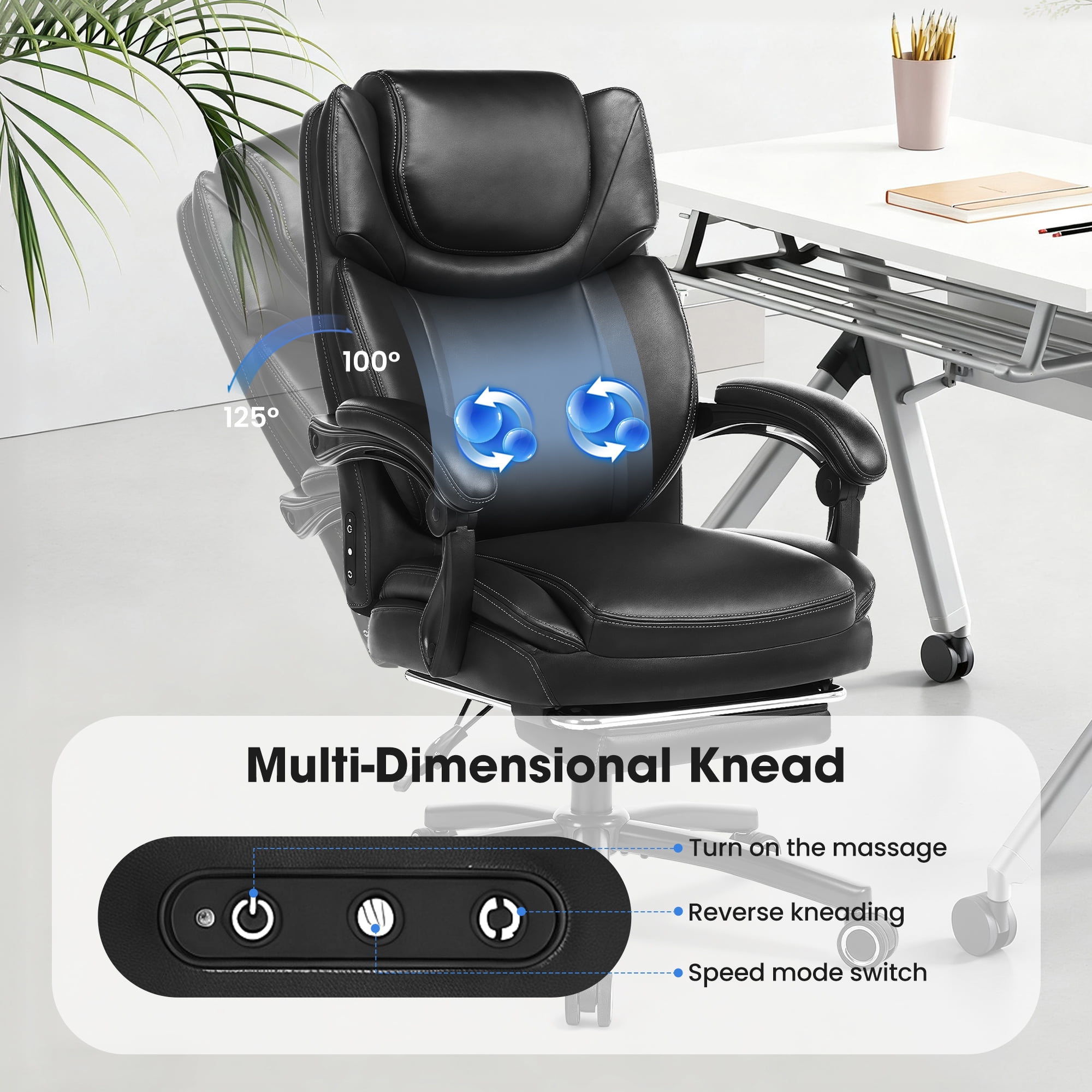 EOP 500LBS Big and Tall Office Chair with Footrest, Rocking Heated Massage High Back Computer Chair, 3D Linkage Armrests Desk Chair with Lumbar Pillow, Class-3 Gas Lift, Black