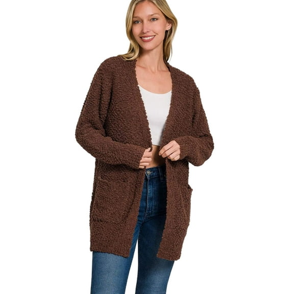 Long Sleeve Popcorn Sweater Cardigan with Pockets
