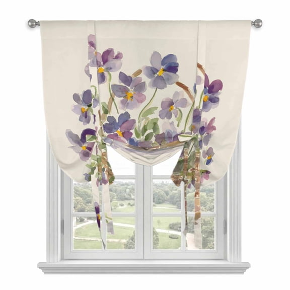 Watercolor Purple Floral Balloon Curtains for Bedroom/Front Door/Bathroom, Spring Flower Basket Botanical Linen Tie Up Curtains 63 Inch Length Kitchen Curtains Shades for Windows 46"x63"