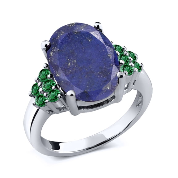 Gem Stone King 4.25 Ct Oval Blue Lapis Green Nano Emerald 925 Sterling Silver Ring (Size 6)
