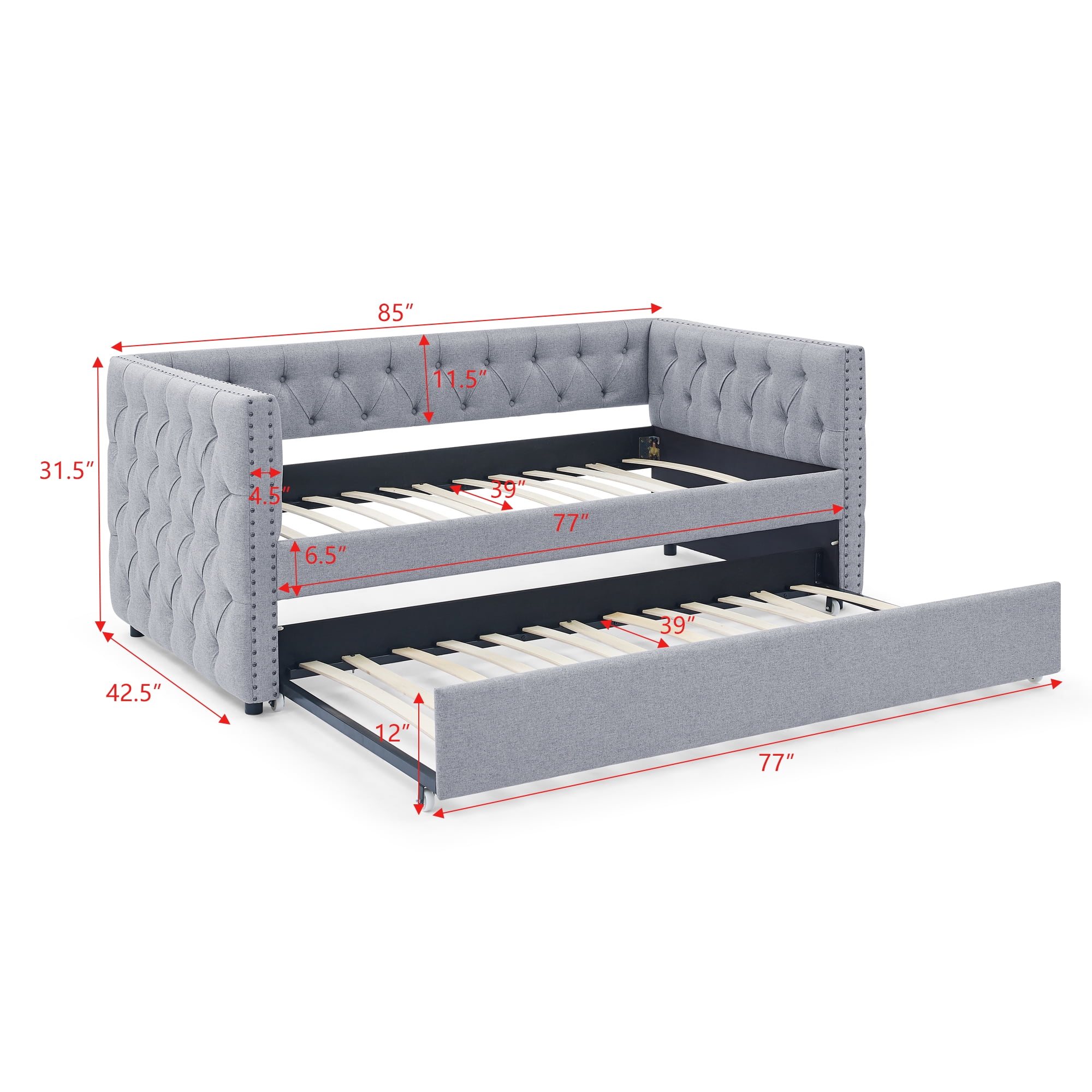 Aukfa Upholstered Daybed with Trundle, Twin Daybed, Button Tufted, Nailhead Trim - Gray